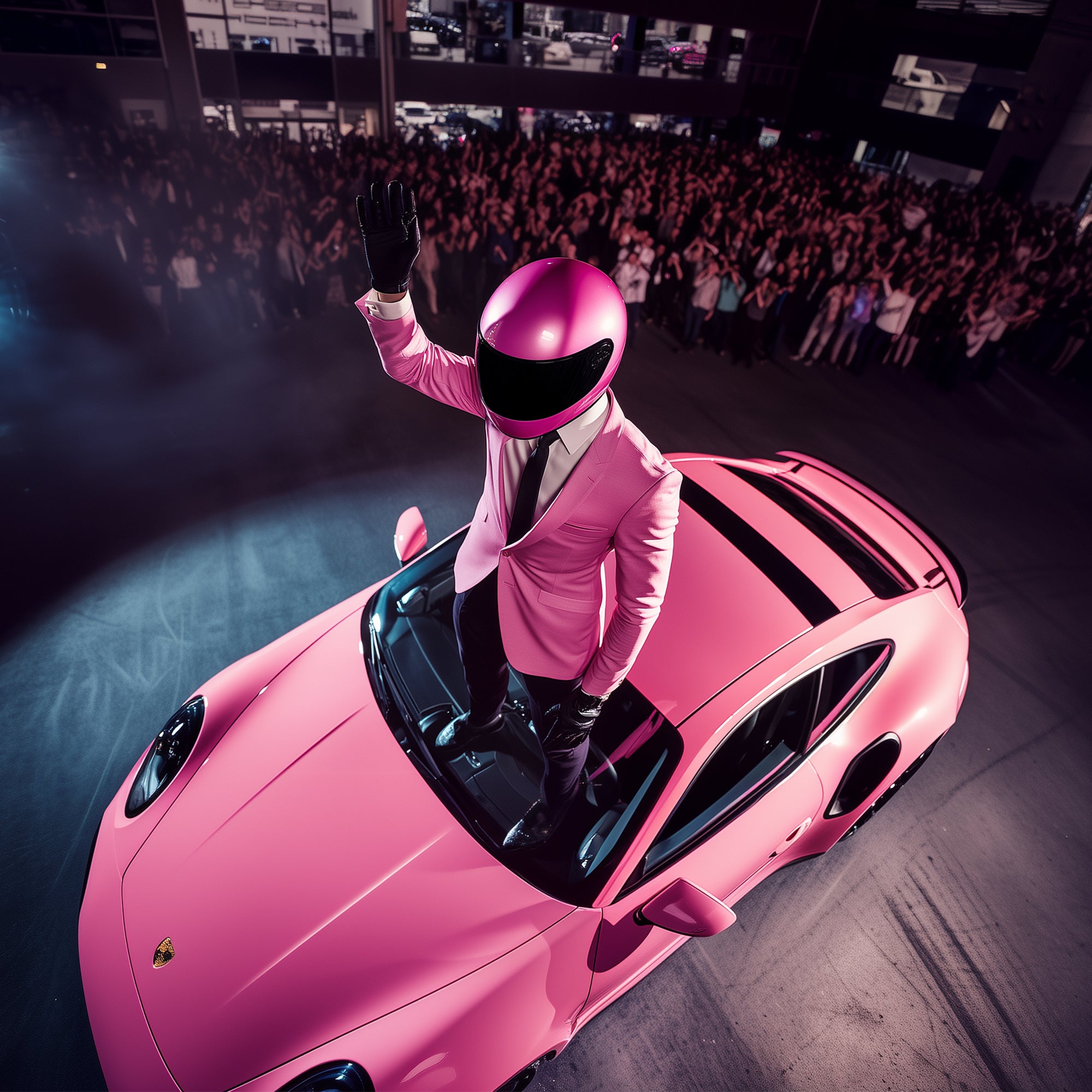 Mr. Licci standing on a pink sports car, waving to a crowd at a Vilicci event